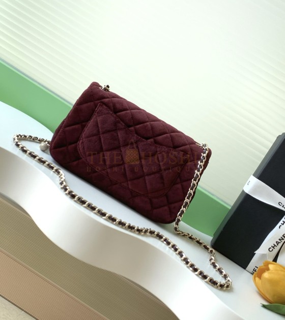 Ch**el Ch**el 25B Velvet Flap Bag with Crystal Ball Charm 18cm/20cm