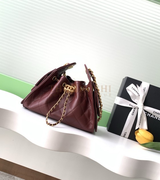 Ch**el 25C Hobo AS5631 Hobo Drawstring Bag Burgundy Leather with Gold Chain 22*12.5*20CM Master Quality