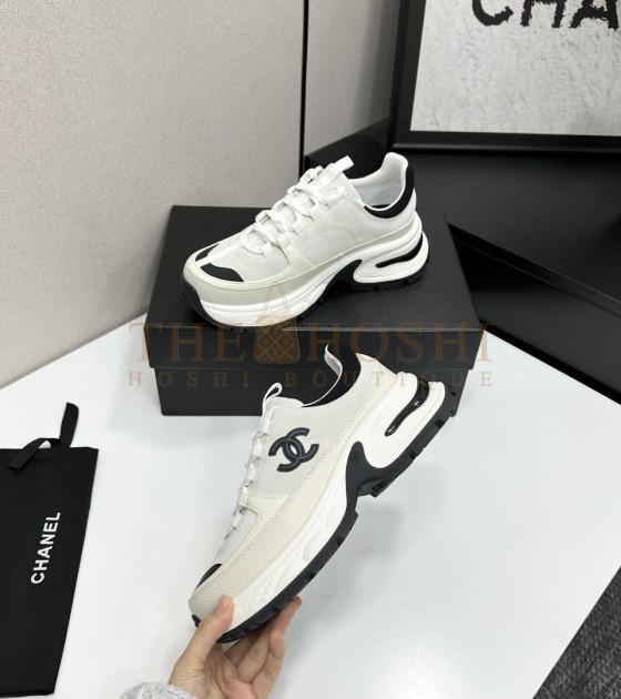 Ch**el Sneakers Mixed Calfskin & Technical Fabric Black/White Women