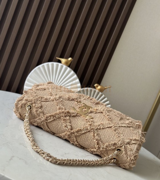 Ch**el Vintage Inspired Straw Bag Beige Linen Weave With Tassels 38×21×11cm Master Quality
