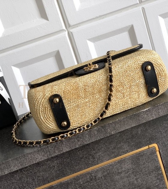 Ch**el Raffia Flap Bag Woven Straw with Lambskin Trim Khaki 26cm