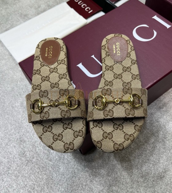 Gvc*1 Horsebit Flat Sandals Beige Ebony GG Canvas Size 36-42 Master Quality