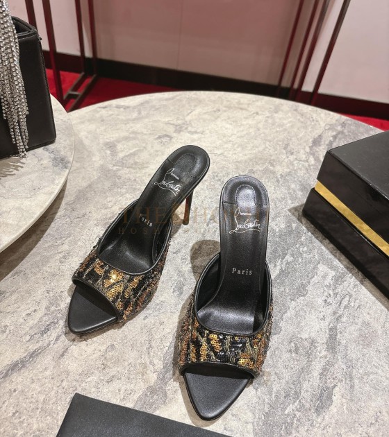 Chr1st1an Louboutin CL Pointed-Toe Heels Glossy Calfskin with Leopard Sequins Black Size Women's Size 34-42 Heel 10cm Master Quality