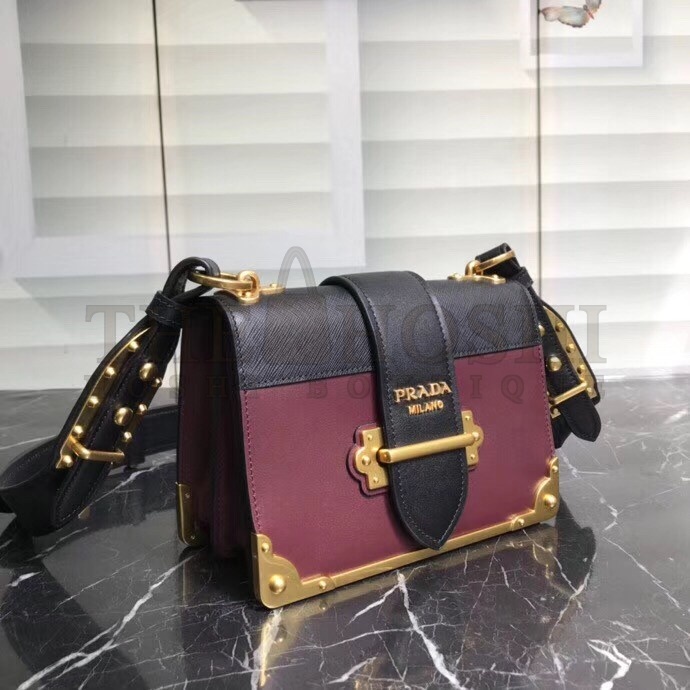 Pra*a Cahier Shoulder Bag In Bordeaux/Black Leather Master Quality