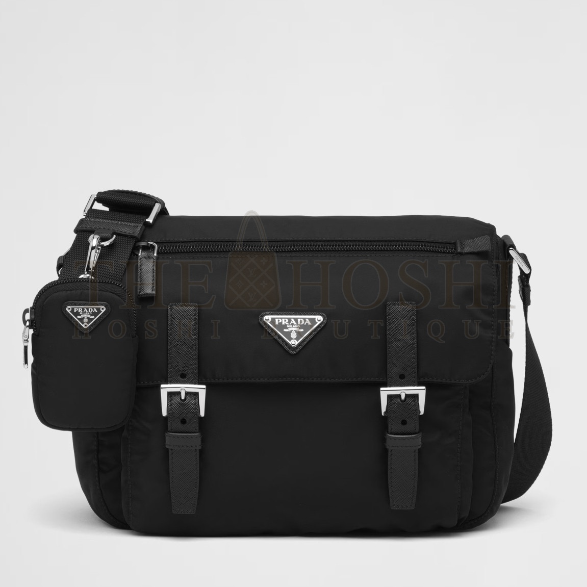 Pra*a Shoulder Bag with Flap in Black Re-Nylon Master Quality