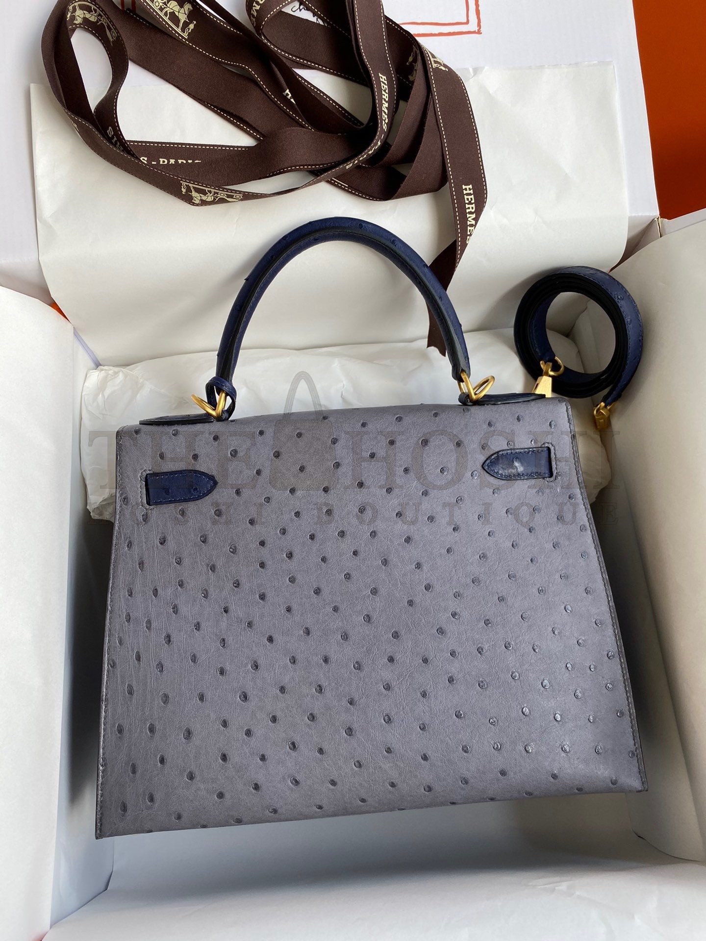 H**me5 Kelly Sellier 25 Bicolor Bag in Gris Agate and Blue Ostrich Leather Master Quality