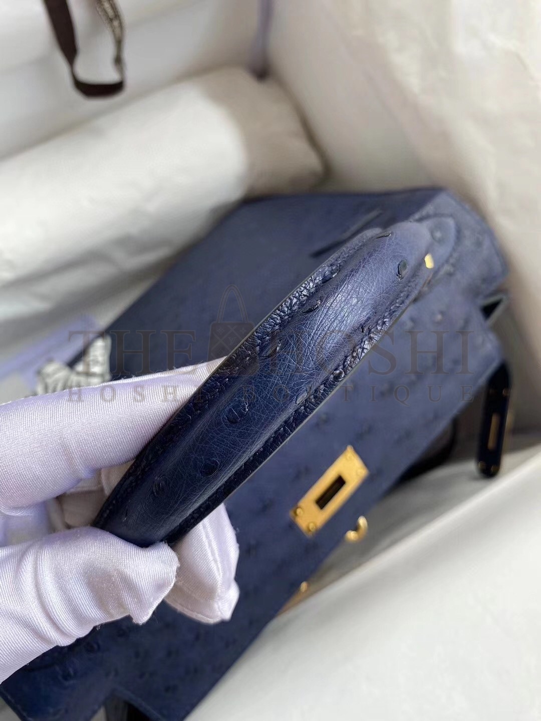 H**me5 Blue Iris Ostrich Kelly 28cm Handmade Bag Master Quality