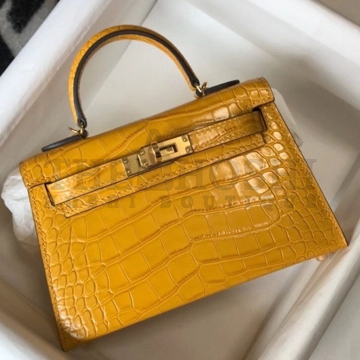H**me5 Kelly Mini II Bag In Yellow Embossed Crocodile Calfskin Master Quality