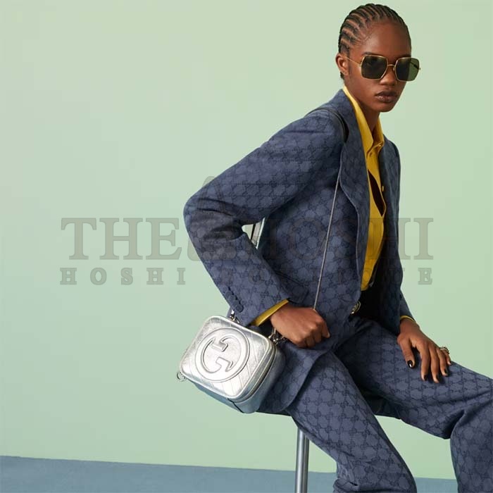 Gvc*1 Women GG Blondie Top Handle Bag Metallic Silver Leather Round Interlocking G Master Quality