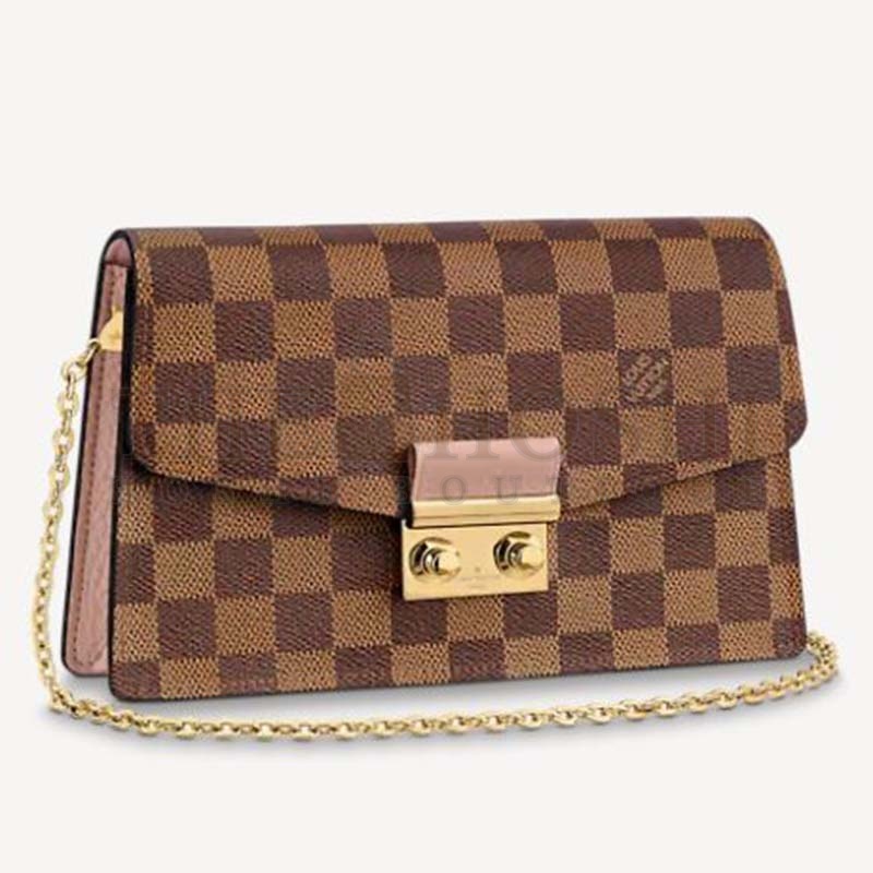 L0vis Vvtt0n LV Women Croisette Chain Wallet Magnolia Pink Damier Ebene Coated Canvas Master Quality
