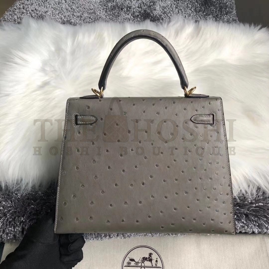 H**me5 Gris Asphalt Ostrich Kelly 25cm Handmade Bag Master Quality