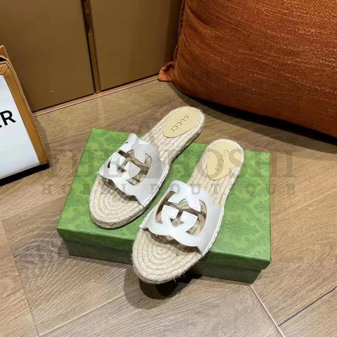 Gvc*1 Unisex Interlocking G Cut-Out Slide Sandals White Leather Flat 2 cm Heel Master Quality