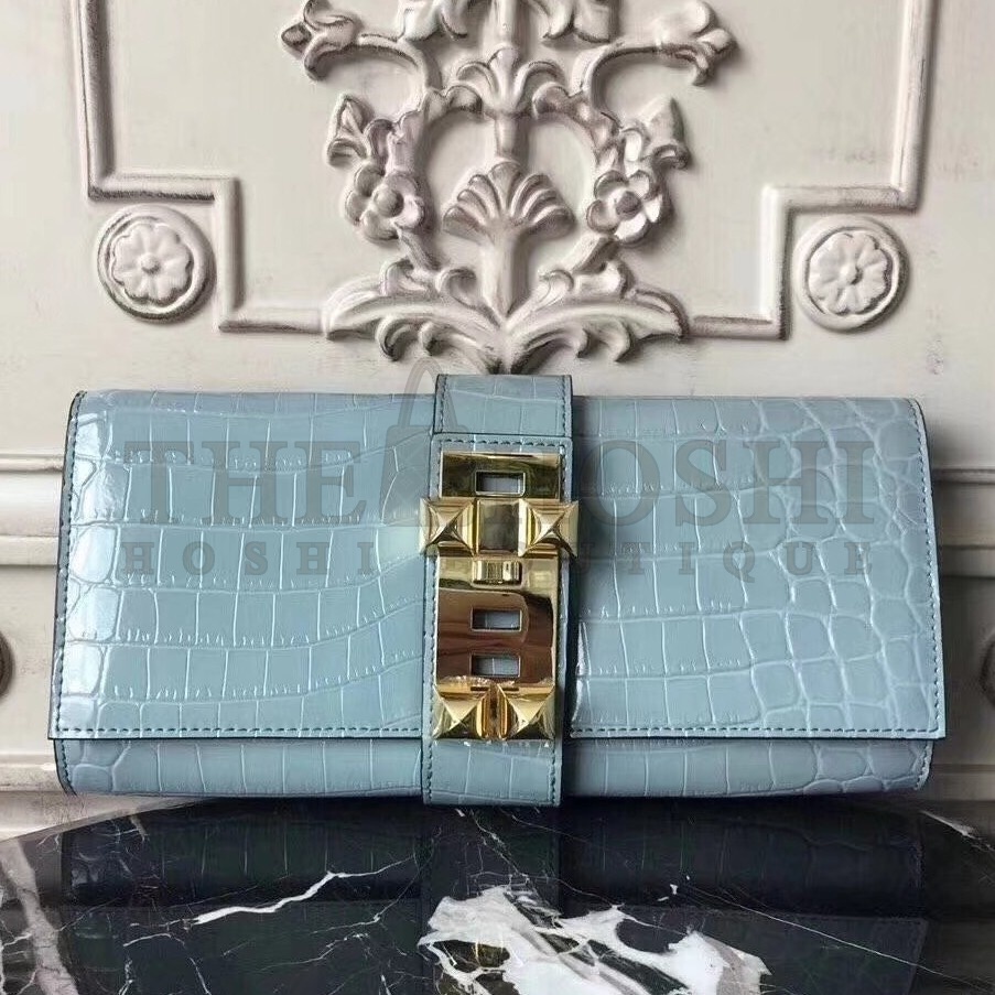 H**me5 Medor Clutch Bag In Ciel Crocodile Leather Master Quality
