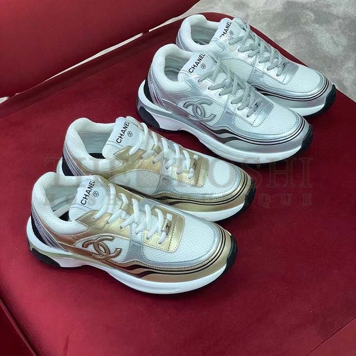 Ch**el trainer shoes Women CC Sneakers Fabric Laminated White Silver Master Quality