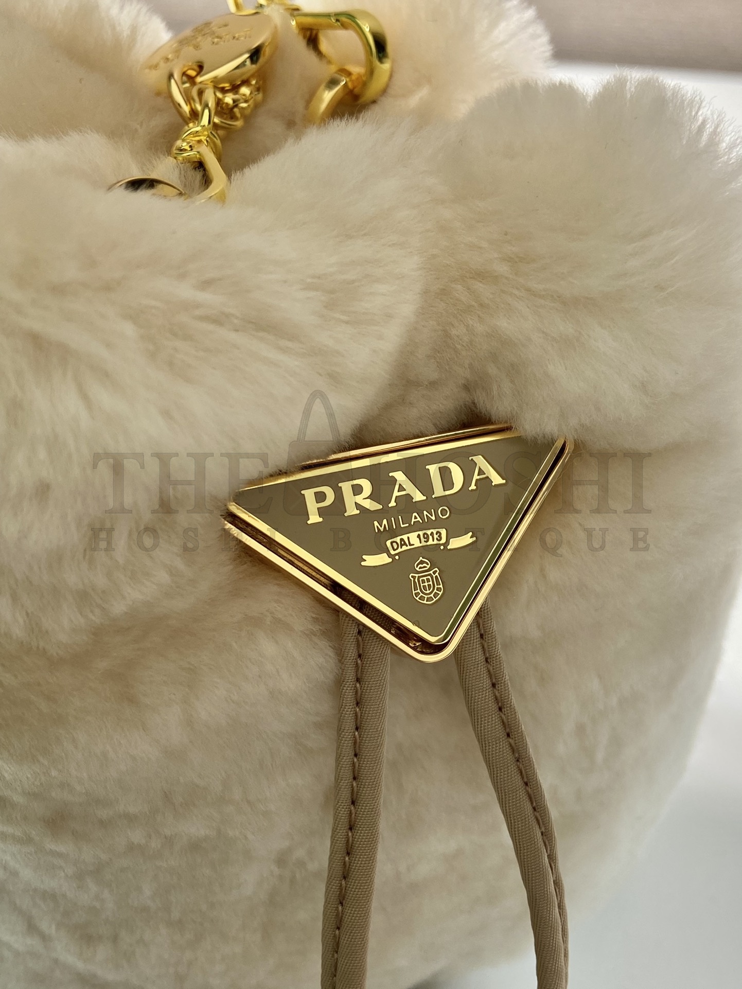 Pra*a Women Sheepskin Mini Pouch-Beige bag 9 x 9.5 x 6 cm Master Quality