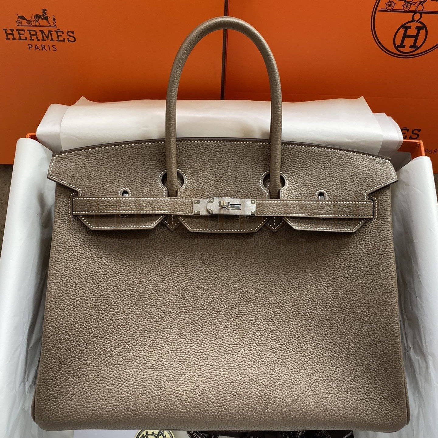 H**me5 Birkin 35 Retourne Handmade Bag In Taupe Clemence Leather Master Quality