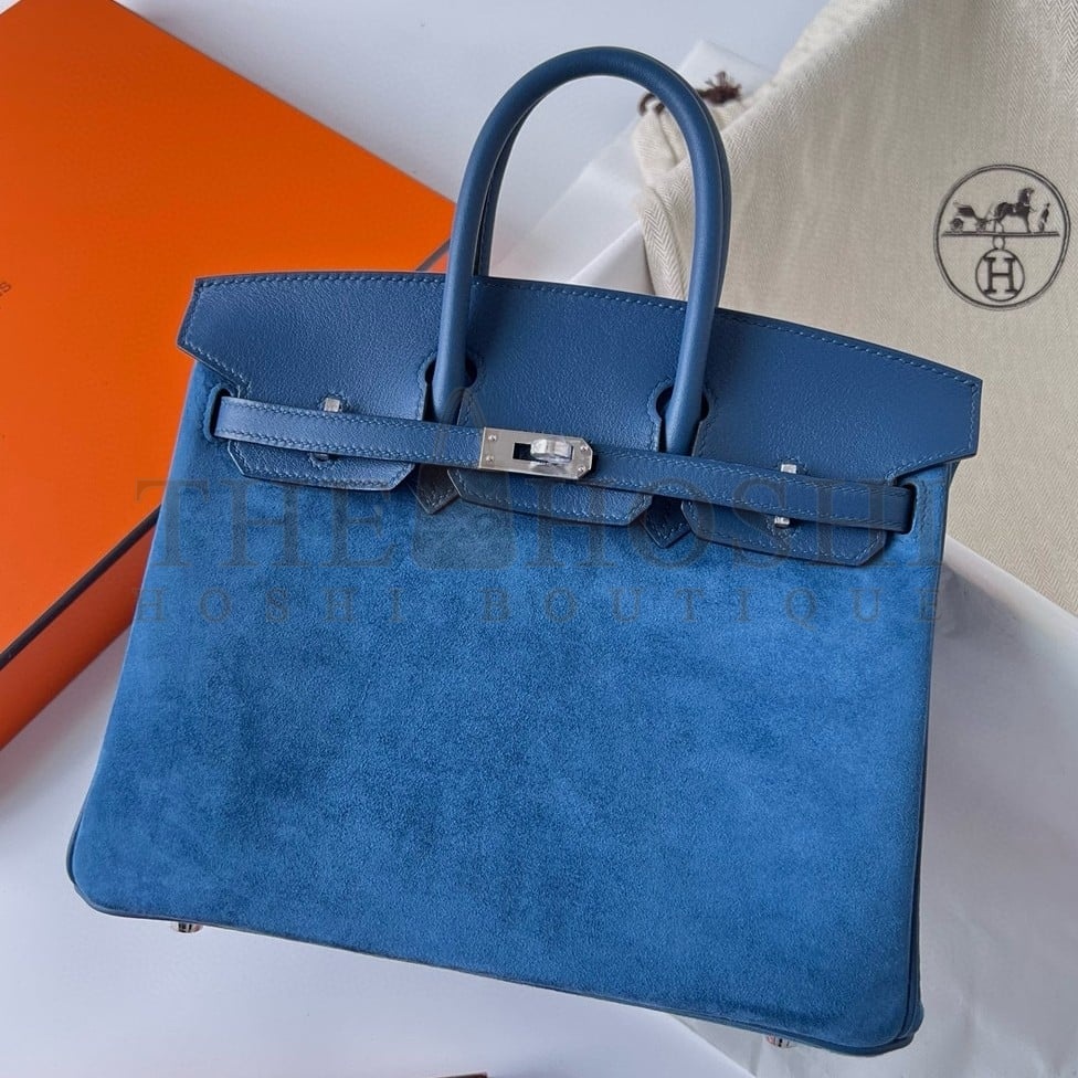 H**me5 Birkin 25 Grizzly Bag in Blue Veau Doblis and Swift Leather Master Quality