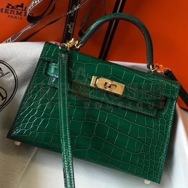 H**me5 Kelly Mini II Bag In Green Crocodile Embossed Leather Master Quality