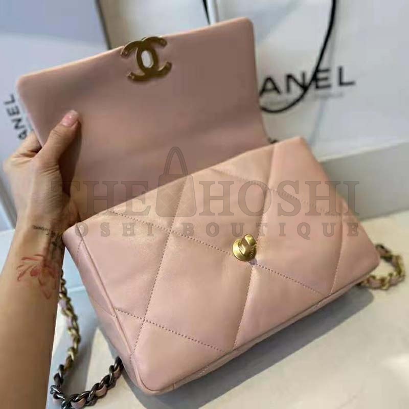 Ch**el Women Ch**el 19 Flap Bag Lambskin Gold Silver-Tone Ruthenium-Finish Metal Light Pink Master Quality