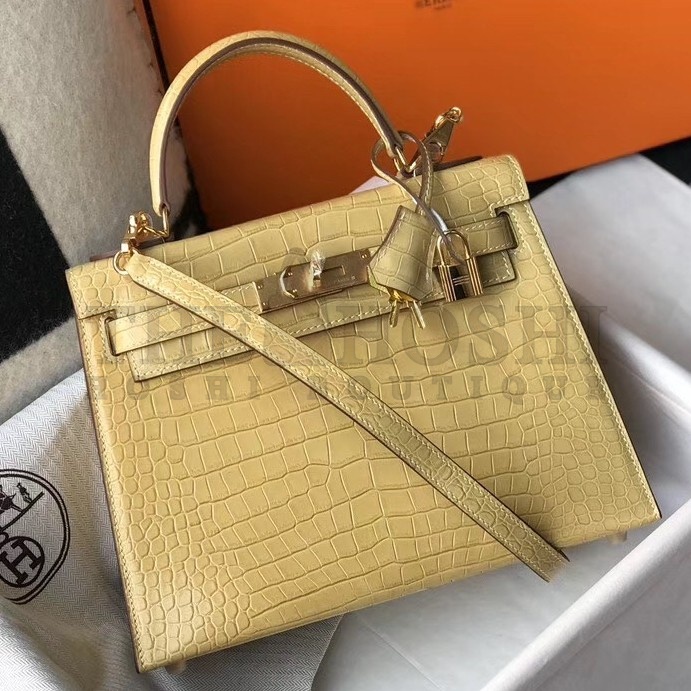 H**me5 Kelly 28cm Bag In Jaune Poussin Embossed Crocodile GHW Master Quality