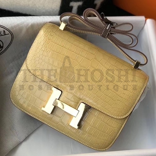 H**me5 Constance 24cm Bag In Jaune Poussin Embossed Crocodile Master Quality