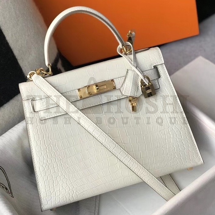 H**me5 Kelly 25cm Bag In White Embossed Crocodile Master Quality