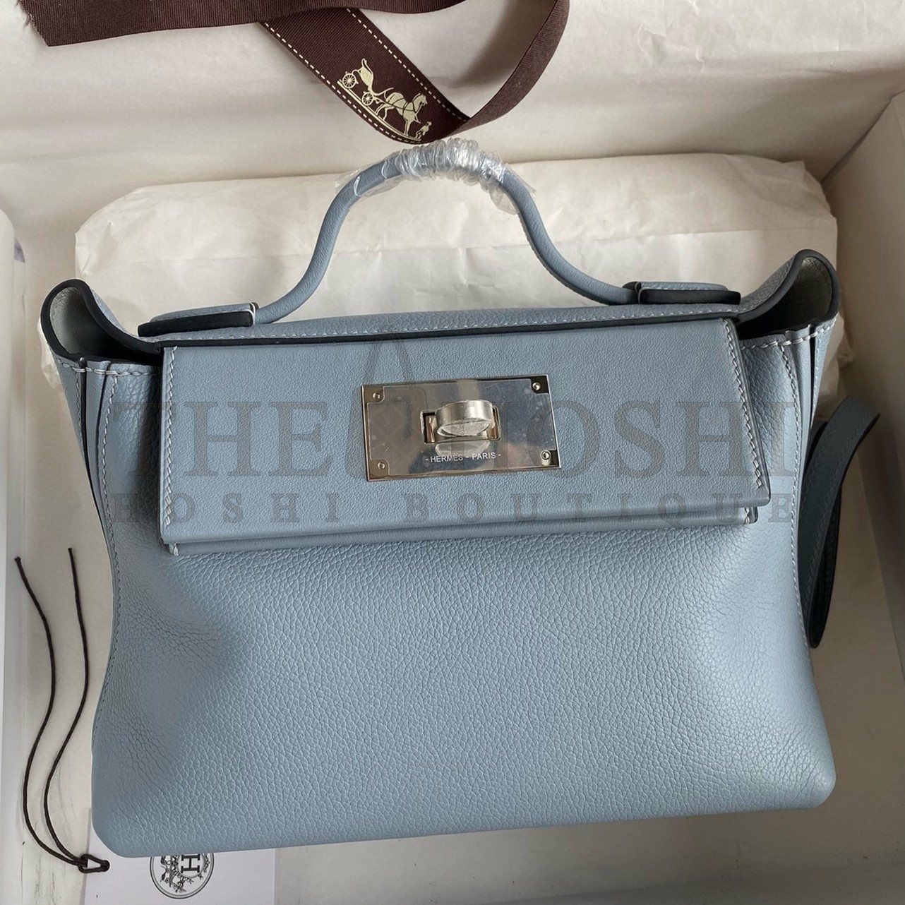 H**me5 24/24 Mini 21 Handmade Bag in Blue Lin Evercolor Leather Master Quality