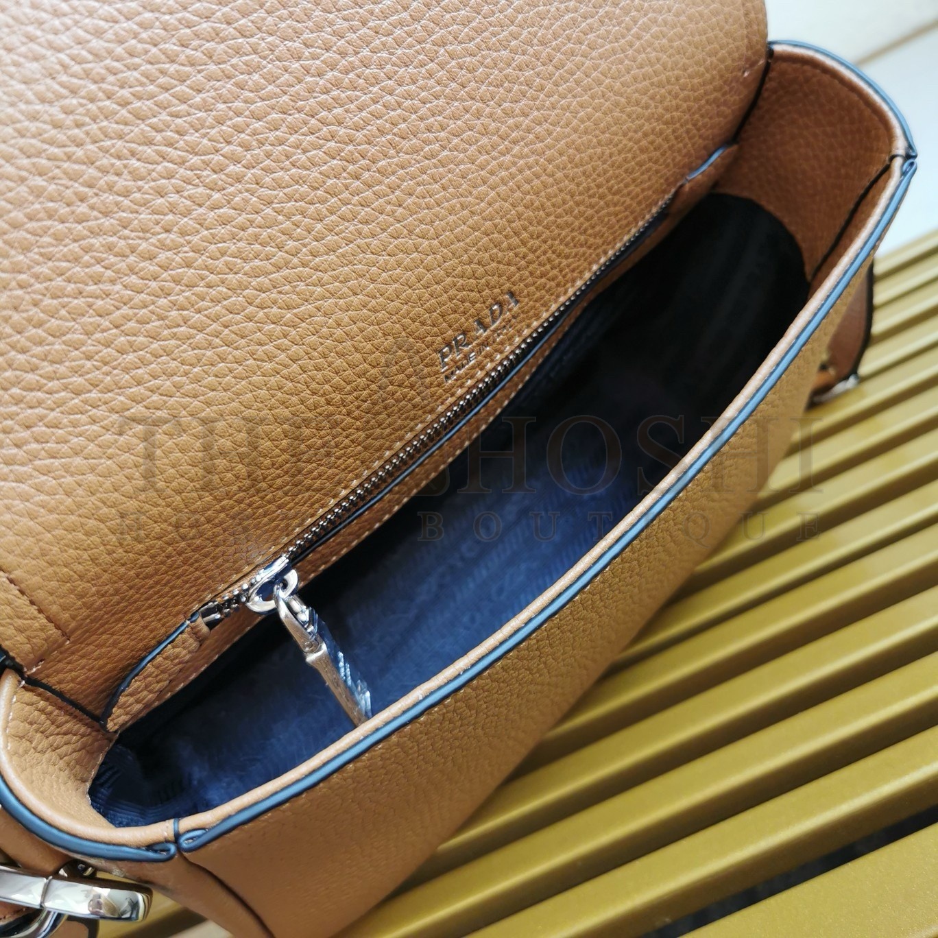 Pra*a Flap Shoulder Bag in Brown Grained Leather Master Quality