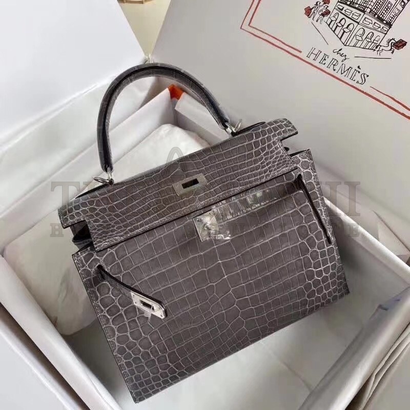 H**me5 Grey Kelly 25cm Shiny Niloticus Crocodile Skin Bag Master Quality