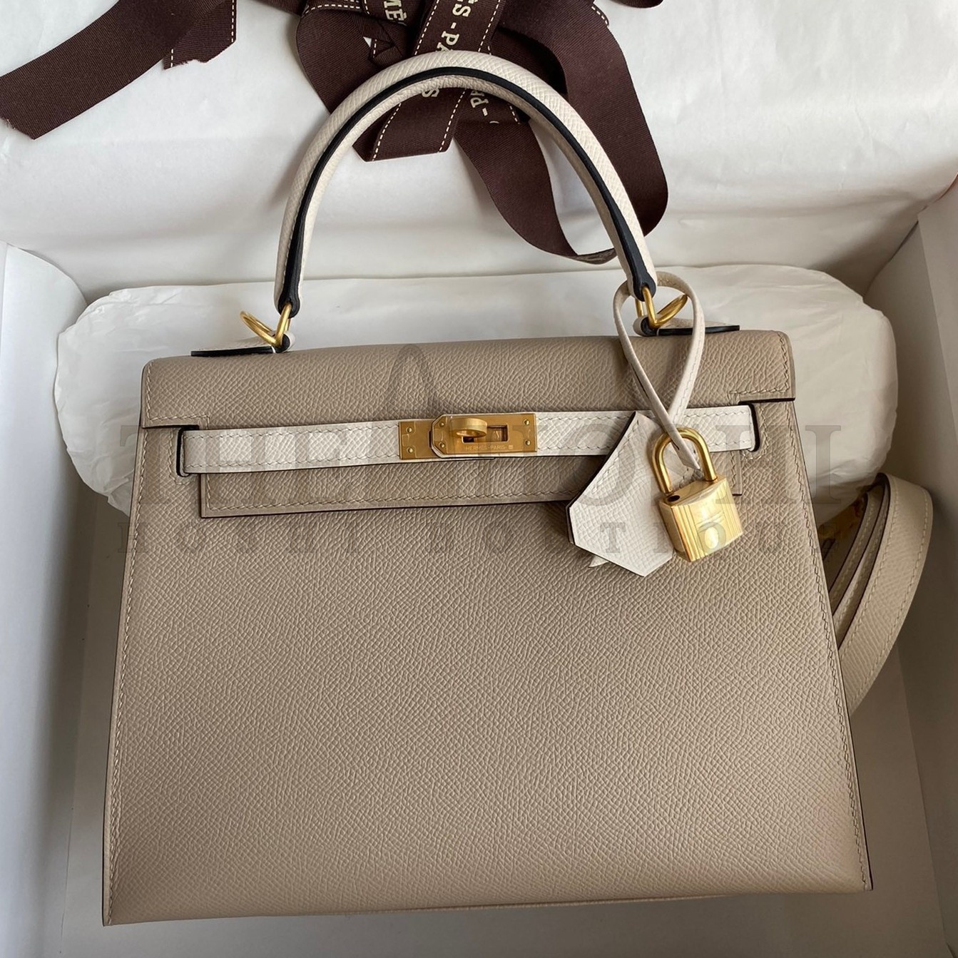 H**me5 Kelly Sellier 25 Bicolor Bag in Trench and Craie Epsom Calfskin Master Quality