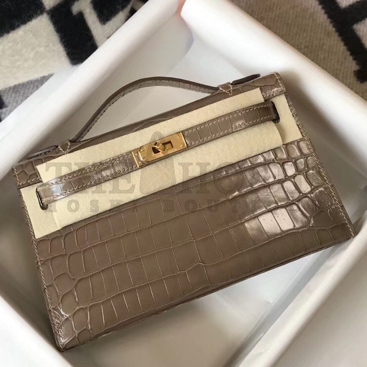 H**me5 Kelly Pochette Bag In Taupe Embossed Crocodile Leather Master Quality