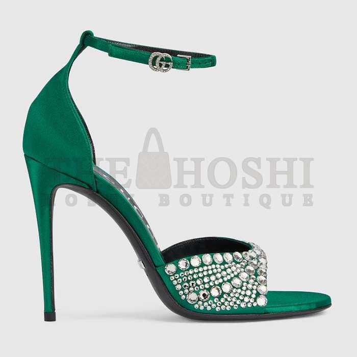 Gvc*1 Women G2 Mid-Heel Sandals Crystals Emerald Green Satin 11 CM Heel Double G Master Quality