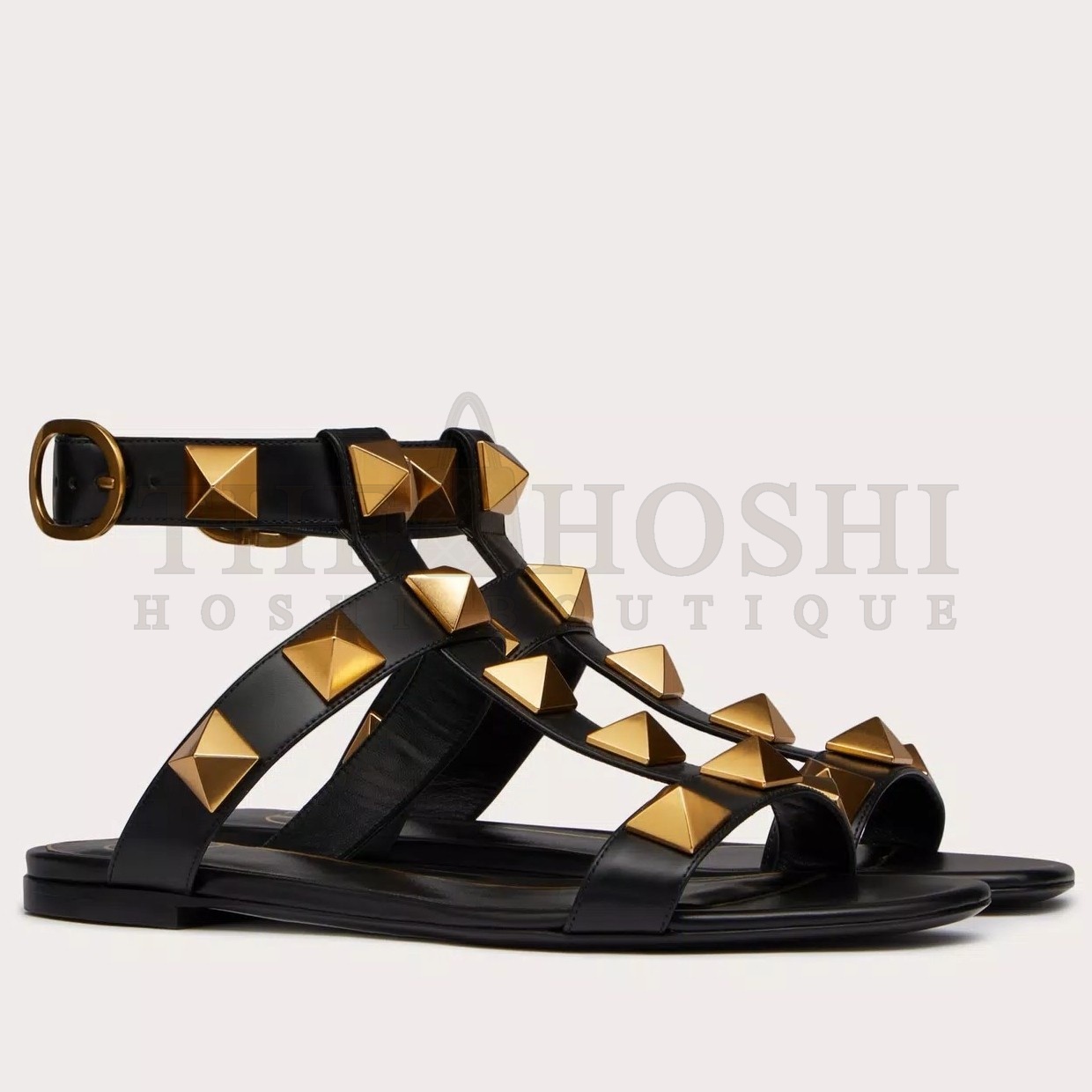 Va1e*ntin0 Roman Stud Flat Sandals In Black Calfskin Master Quality