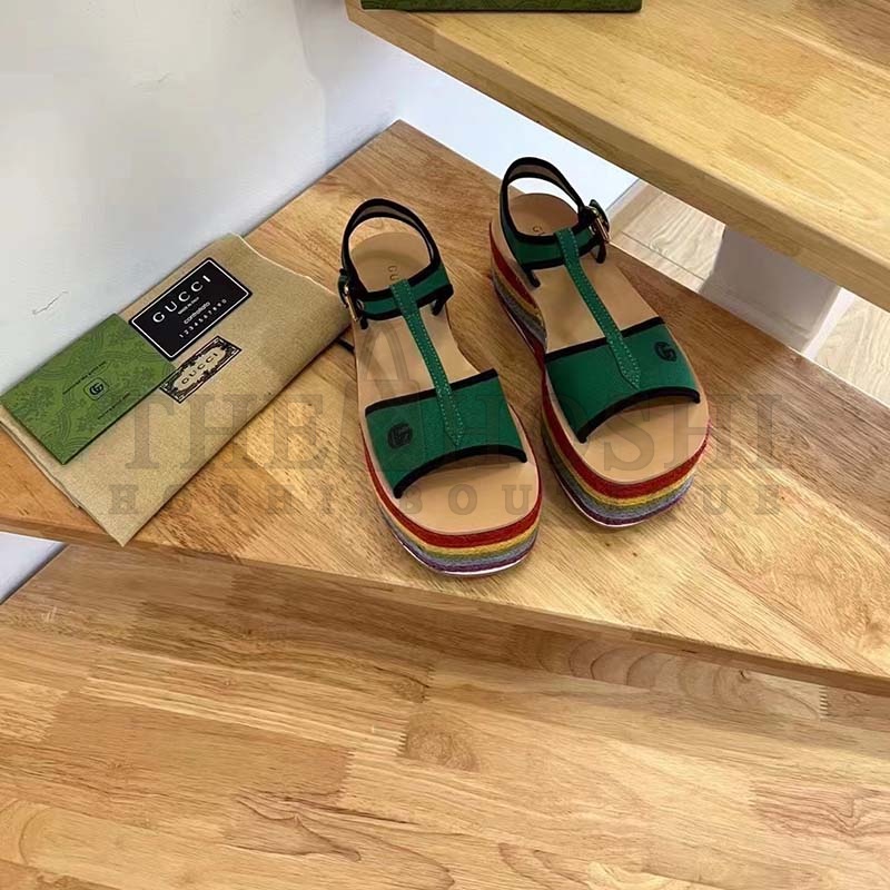 Gvc*1 Women G2 Platform Sandals Green Cotton Double G Embroidery 4 Cm Heel Master Quality