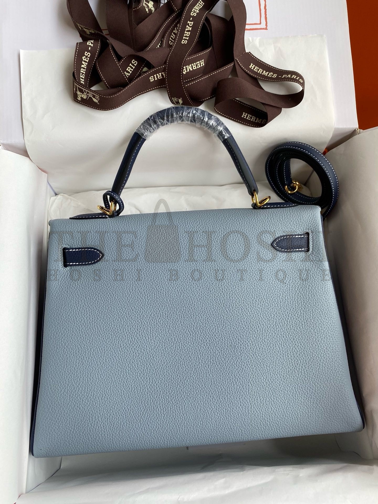 H**me5 HSS Kelly 32 Bicolor Bag in Blue Lin and Blue Clemence Leather Master Quality