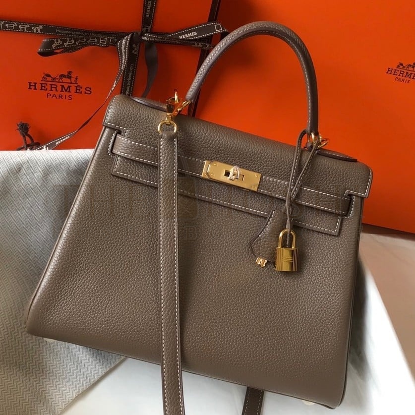 H**me5 Kelly 25cm Retourne Bag in Taupe Clemence Leather GHW Master Quality