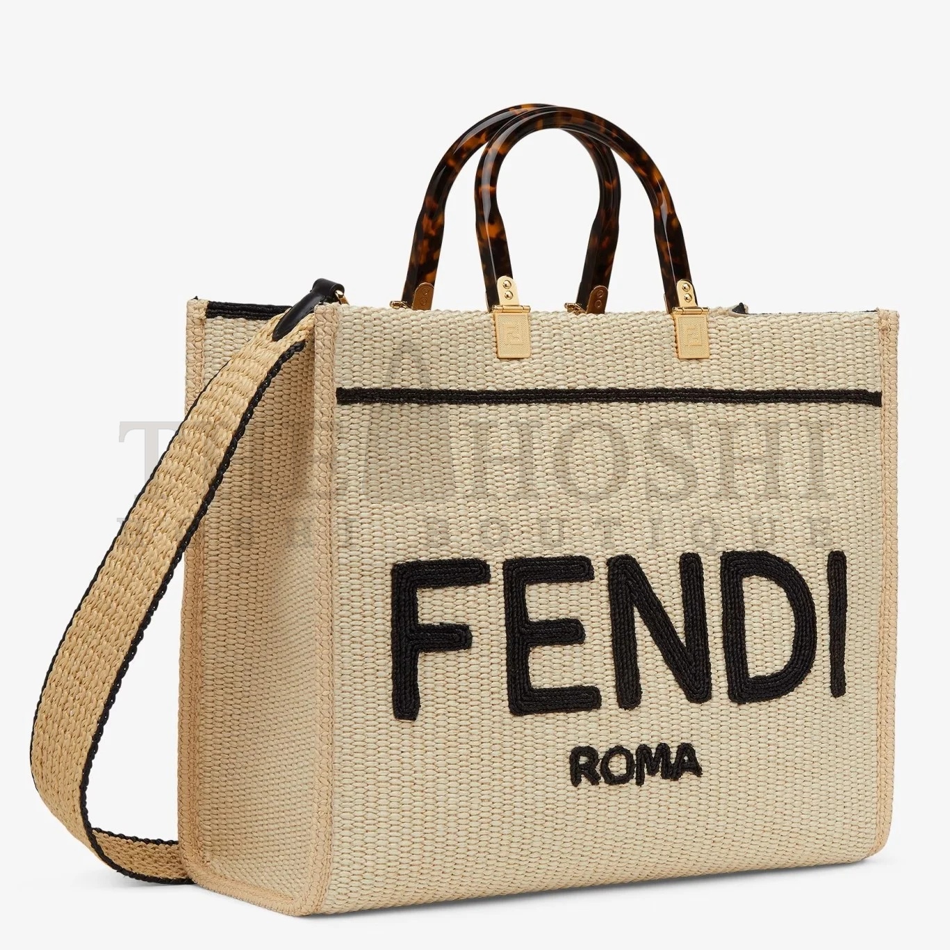 F**di Sunshine Medium Tote Bag in Black and Natural Straw Master Quality