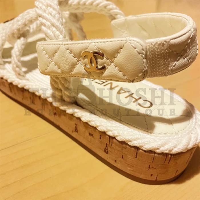 Ch**el Women CC Cotton Tweed White Sandals Calfskin Leather Cotton 1 CM Heel Master Quality
