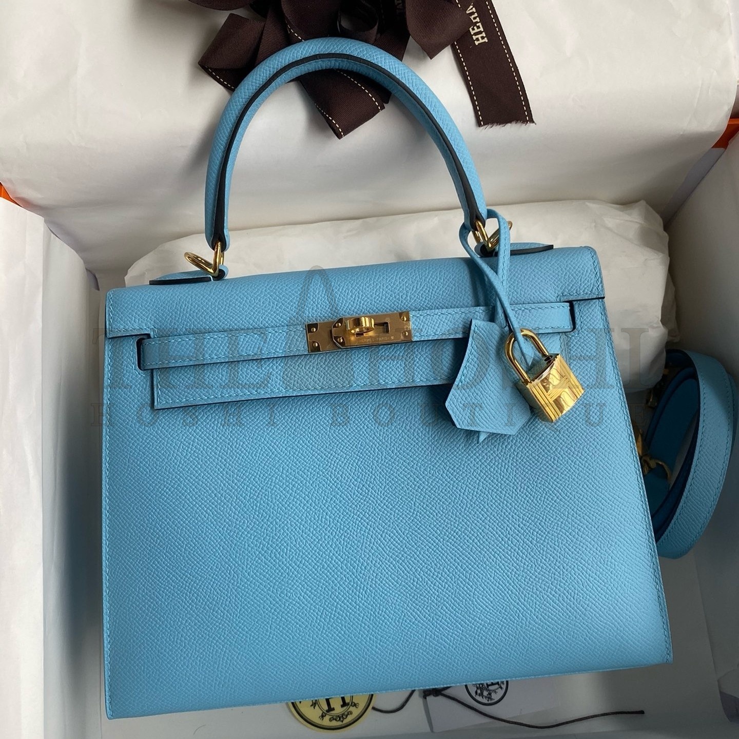 H**me5 Kelly Sellier 25 Handmade Bag In Blue Candy Epsom Calfskin Master Quality