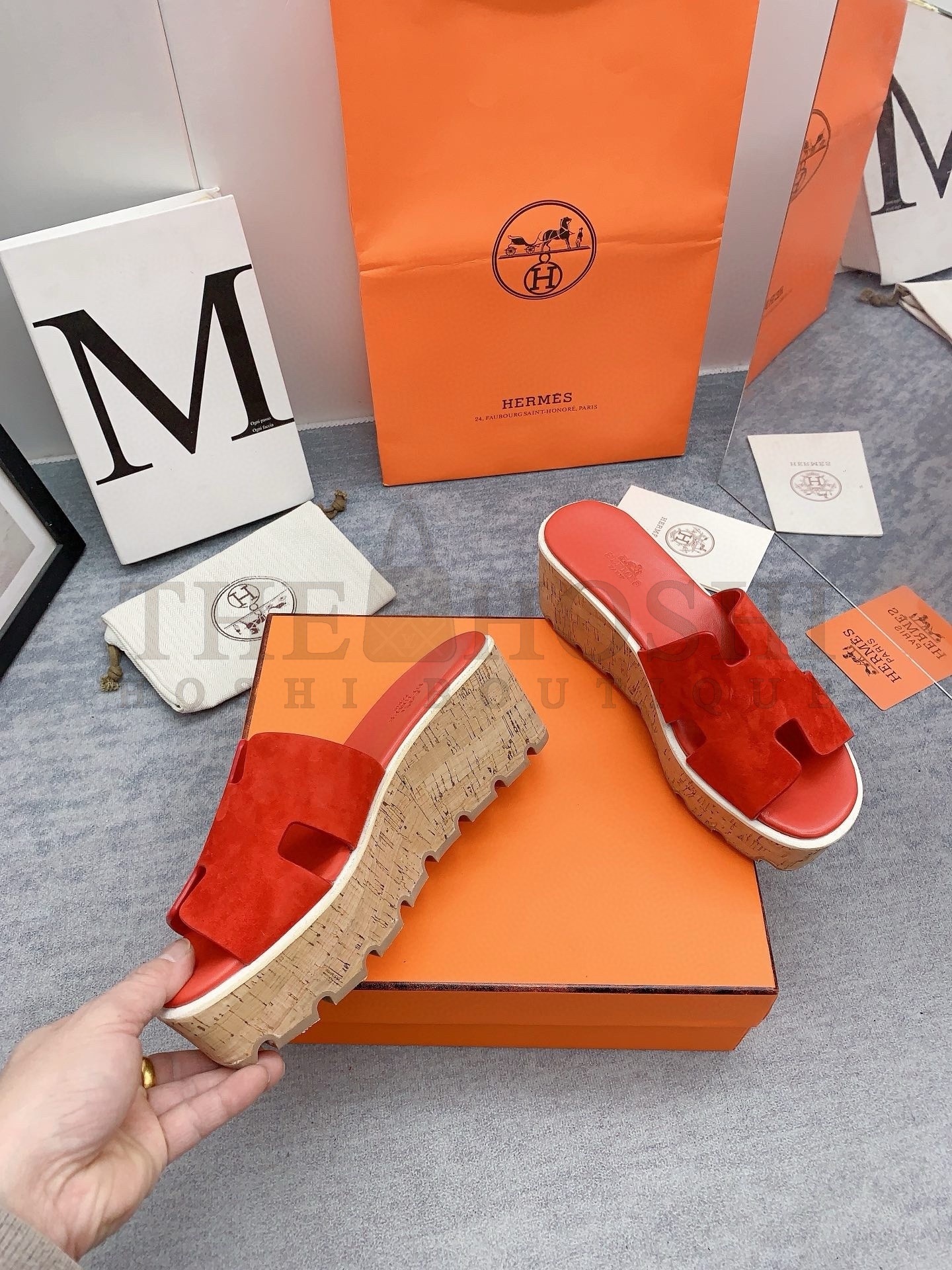 H**me5 Eze 30 Cork Platform Sandals in Piment Suede Leather Master Quality