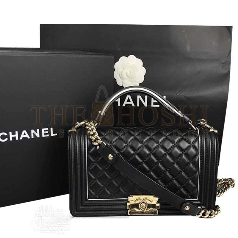 Ch**el Women Leboy Flap Bag in D1am0nd Pattern Calfskin Leather with Top Handle-Black Master Quality