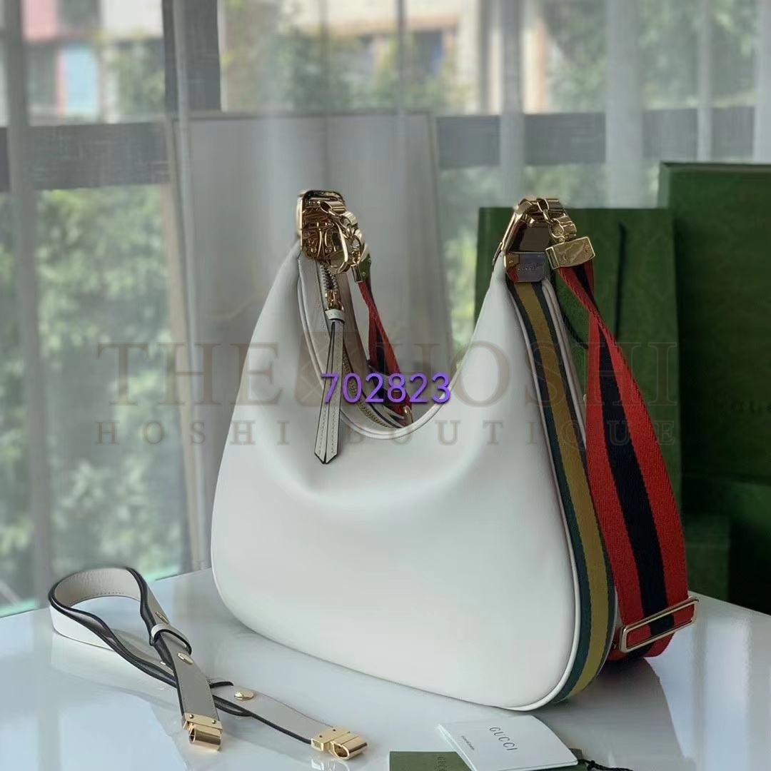 Gvc*1 Women GG Attache Large Shoulder Bag White Leather Green Yellow Web Master Quality