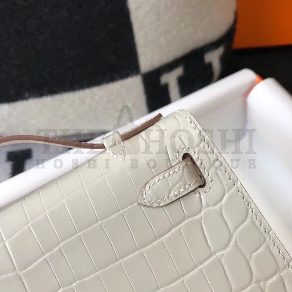 H**me5 Kelly Pochette Bag In White Embossed Crocodile Leather Master Quality