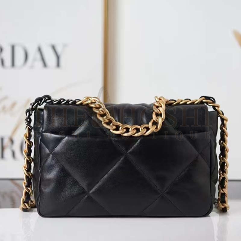 Ch**el Women 19 Large Handbag Black Lambskin Gold Silver-Tone Ruthenium-Finish Metal Master Quality