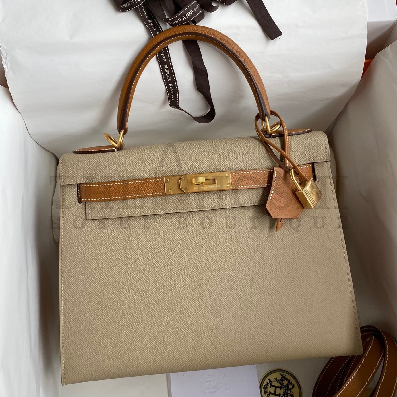 H**me5 Kelly Sellier 28 Bicolor Bag in Trench and Gold Epsom Calfskin Master Quality