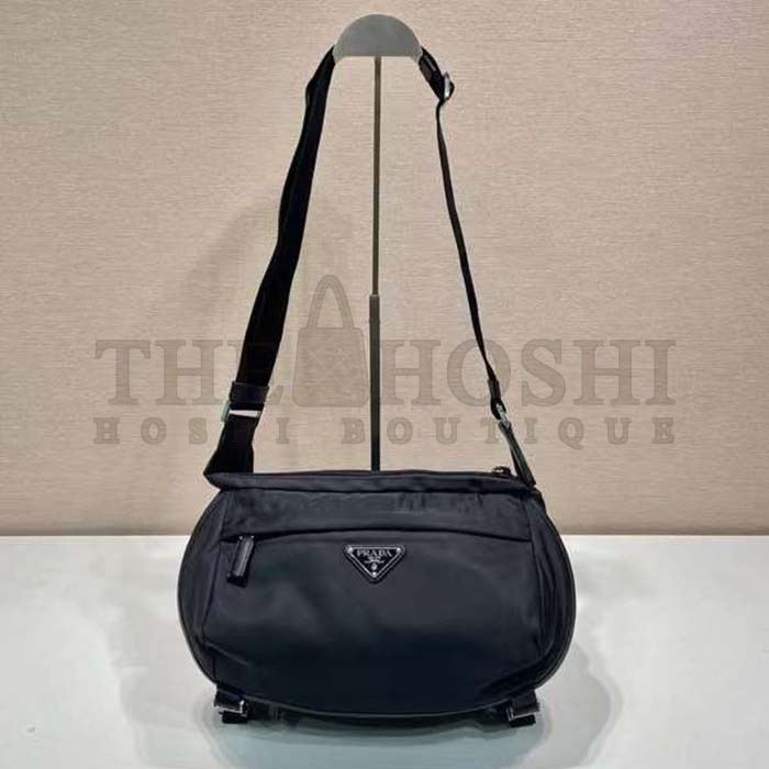 Pra*a Unisex Re-Nylon Saffiano Leather Shoulder Bag Black Fabric Flap Closure Master Quality