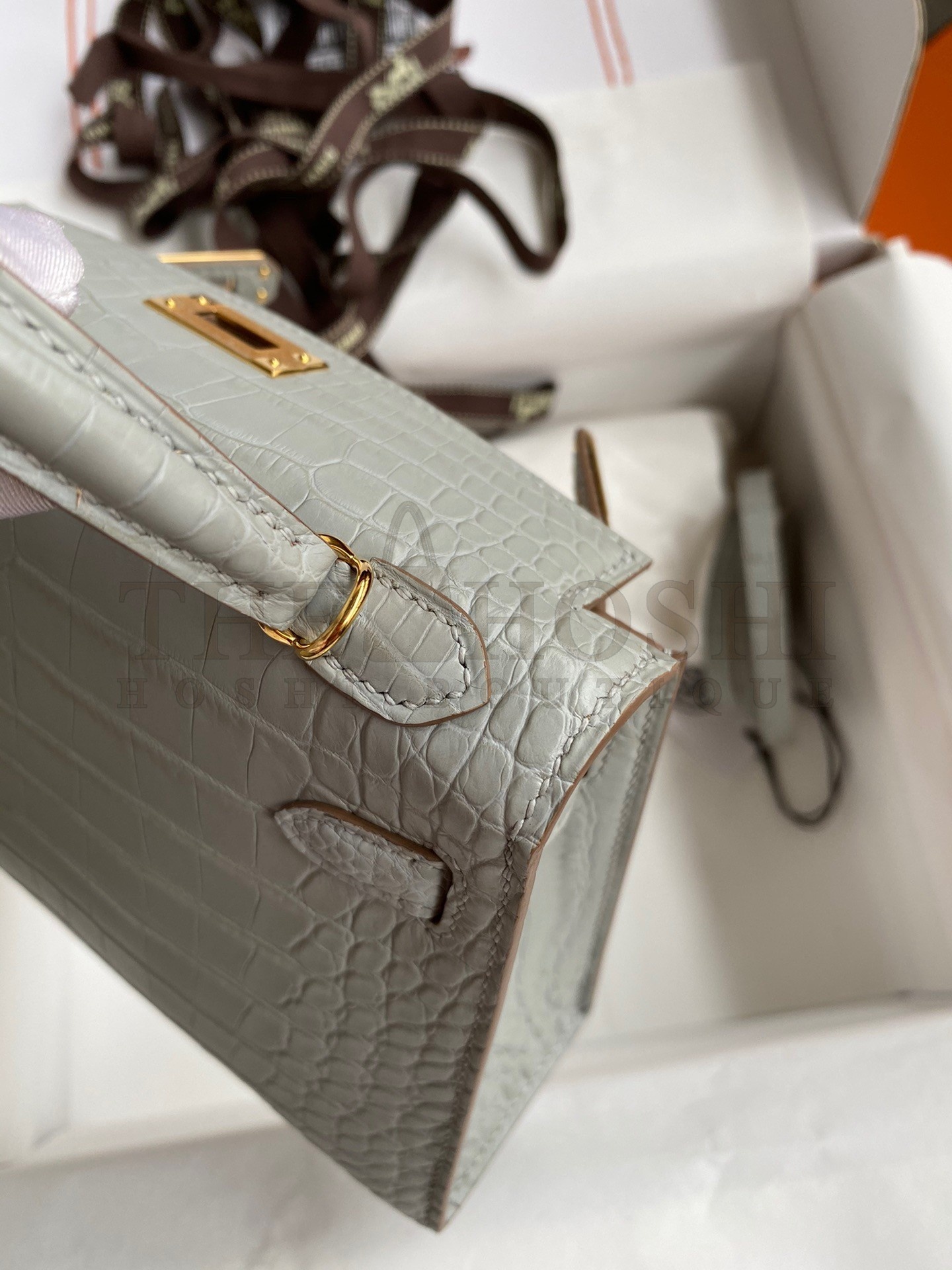 H**me5 Kelly Mini II Sellier Handmade Bag In Pearl Grey Matte Alligator Leather Master Quality