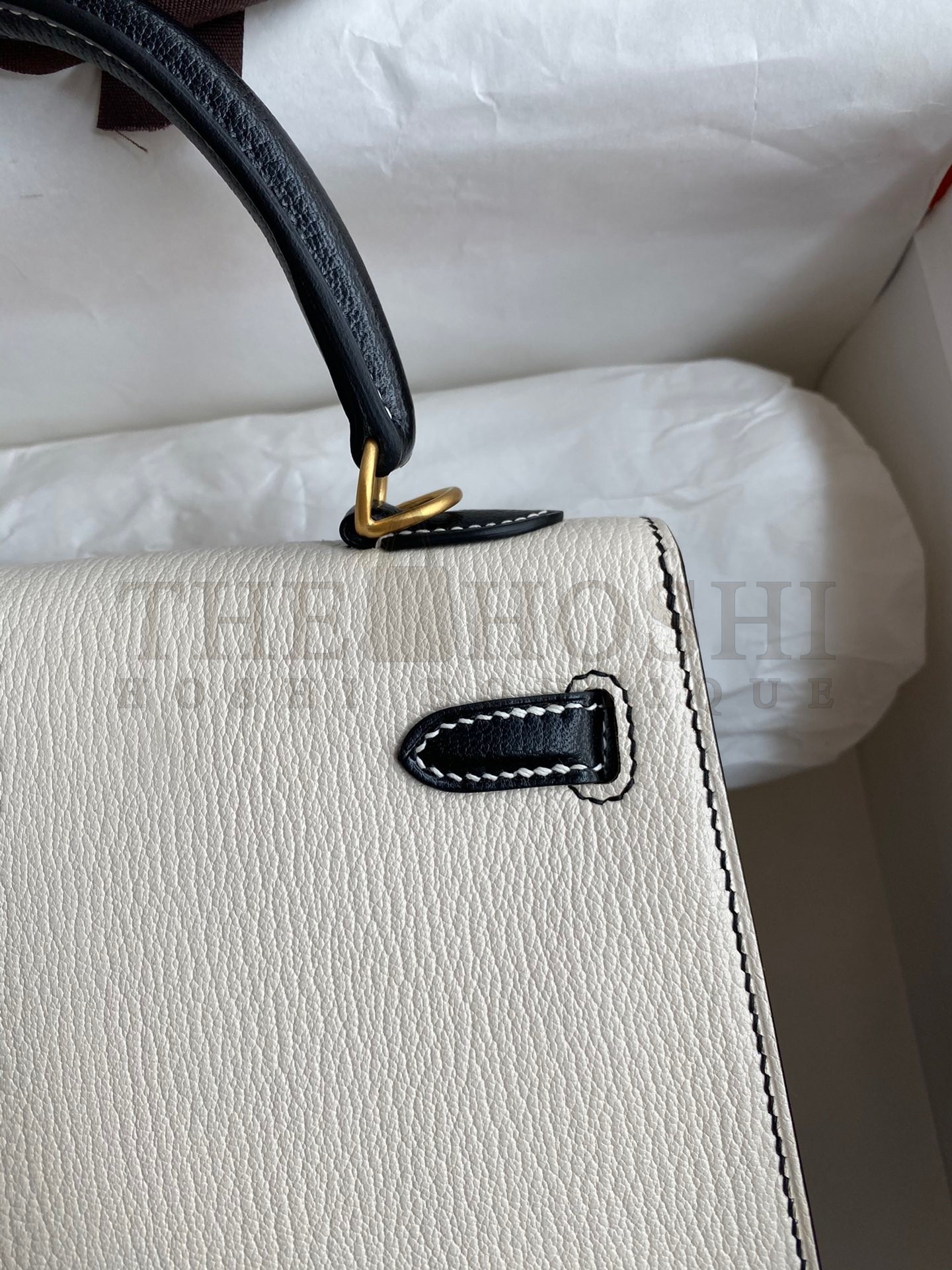 H**me5 Kelly Sellier 25 Bicolor Bag in White and Black Mysore Goatskin Master Quality