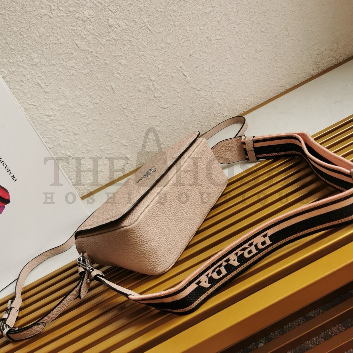 Pra*a Flap Shoulder Bag in Light Pink Grained Leather Master Quality