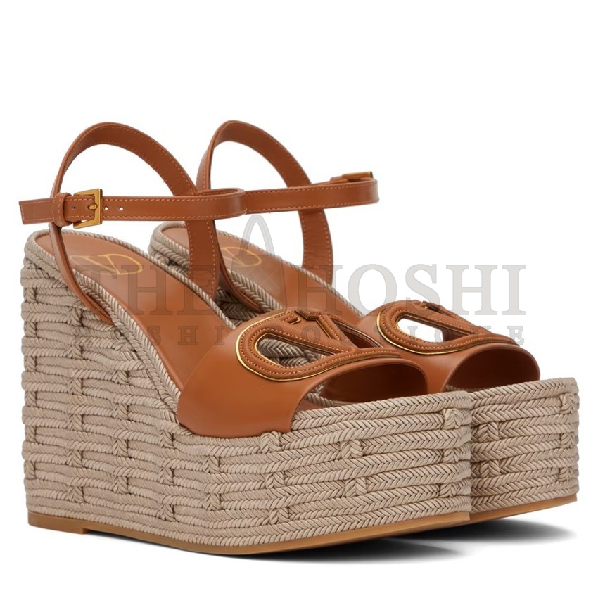 Va1e*ntin0 VLogo Cut-out Espadrille Wedge Sandals in Brown Leather Master Quality